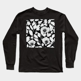 Black and White Vintage Floral Cottagecore Romantic Flower Peony Rose Leaf Design Long Sleeve T-Shirt